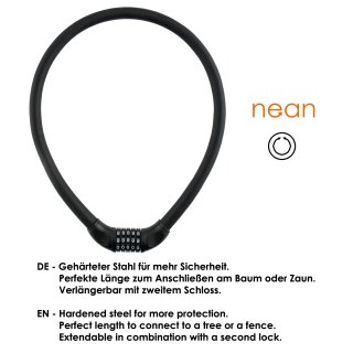 nean Fahrrad-Kabel-Schloss mit Zahlen und Soft-Touch-Oberfläche 20 x 1000 mm Schwarz